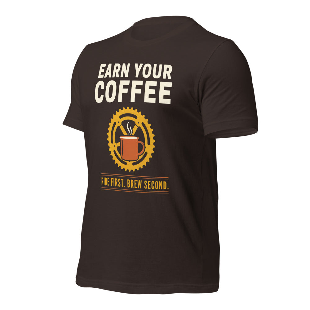 Earn Your Coffee retro cycling coffee t-shirt — Brown, front-right