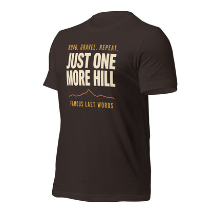 Just One More Hill retro cycling climb t-shirt — Brown, front-right