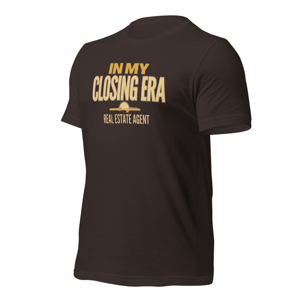 In My Closing Era real estate agent tee — Brown, front-right