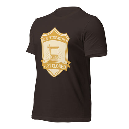 Just Closed real estate agent tee — Brown, front-right