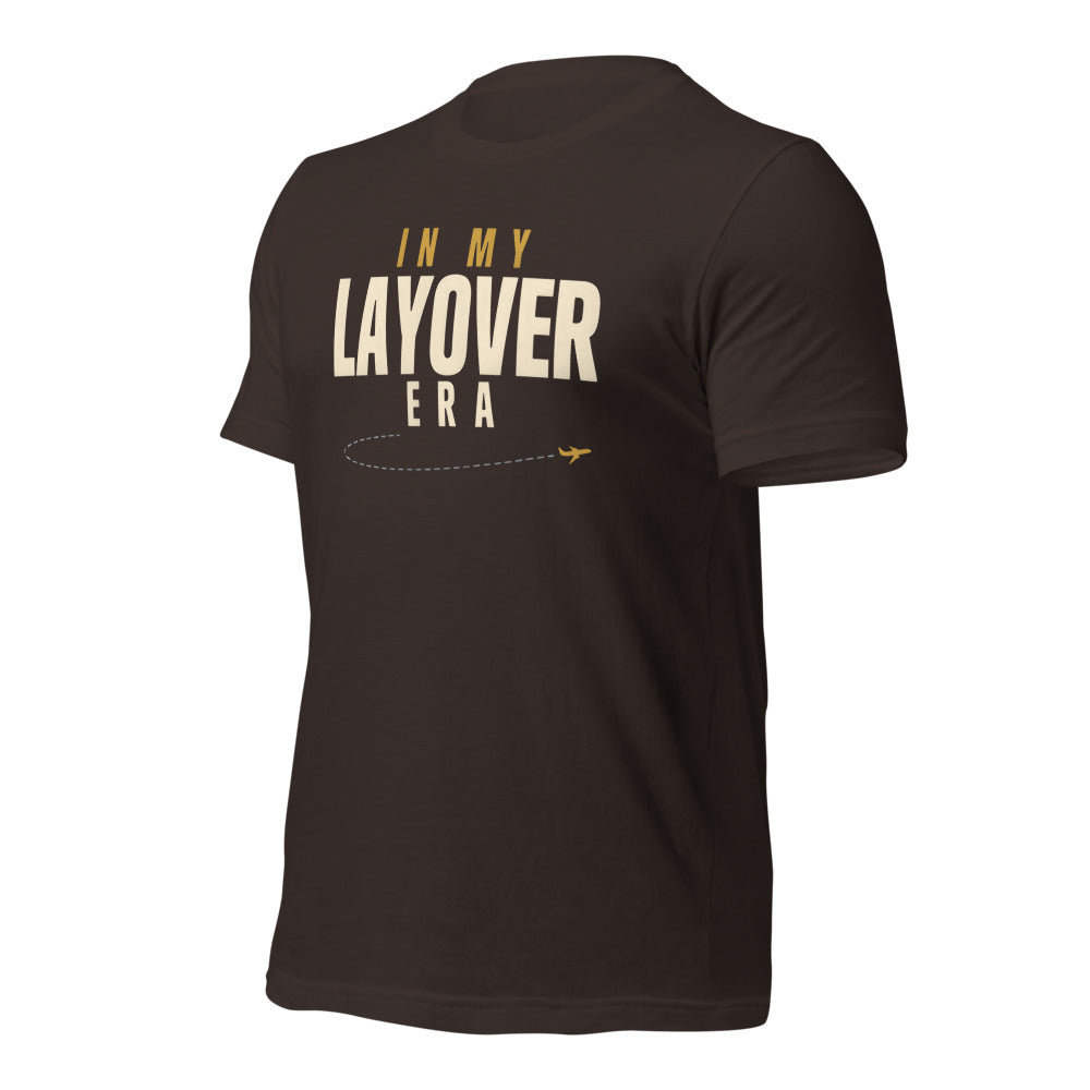 In My Layover Era flight attendant tee — Brown, front-right
