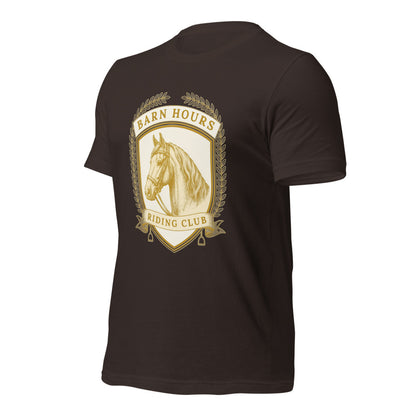 Barn Hours Riding Club vintage equestrian stable crest t-shirt — Brown, front-right