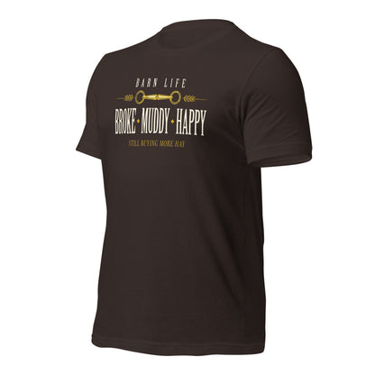 Broke Muddy Happy funny barn life equestrian t-shirt — Brown, front-right