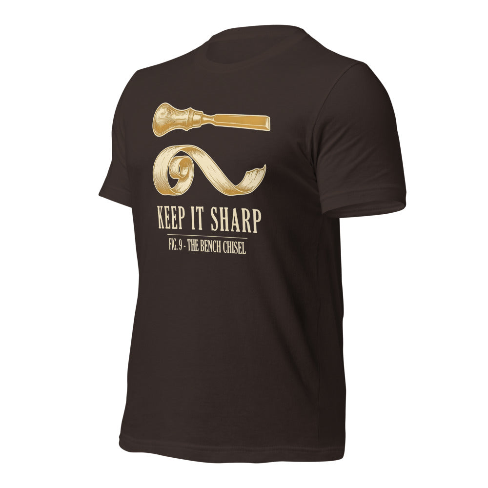 Keep It Sharp woodworking tee — Brown, front-right
