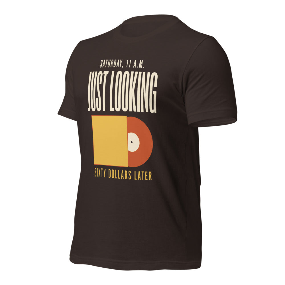 Just Looking Sixty Dollars Later vinyl record tee — Brown, front-right