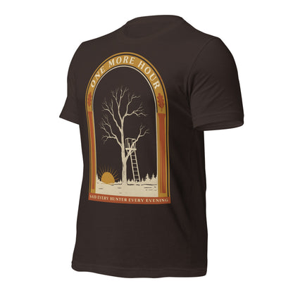 One More Hour funny deer hunting tee — Brown, front-right