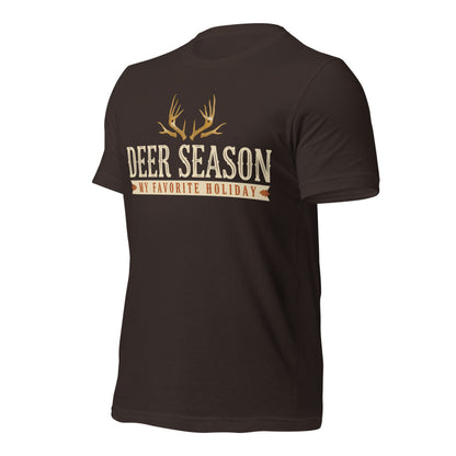 Deer Season My Favorite Holiday deer hunting tee — Brown, front-right