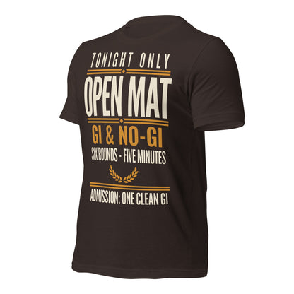Open Mat Tonight Brazilian jiu jitsu t-shirt — Brown, front-right