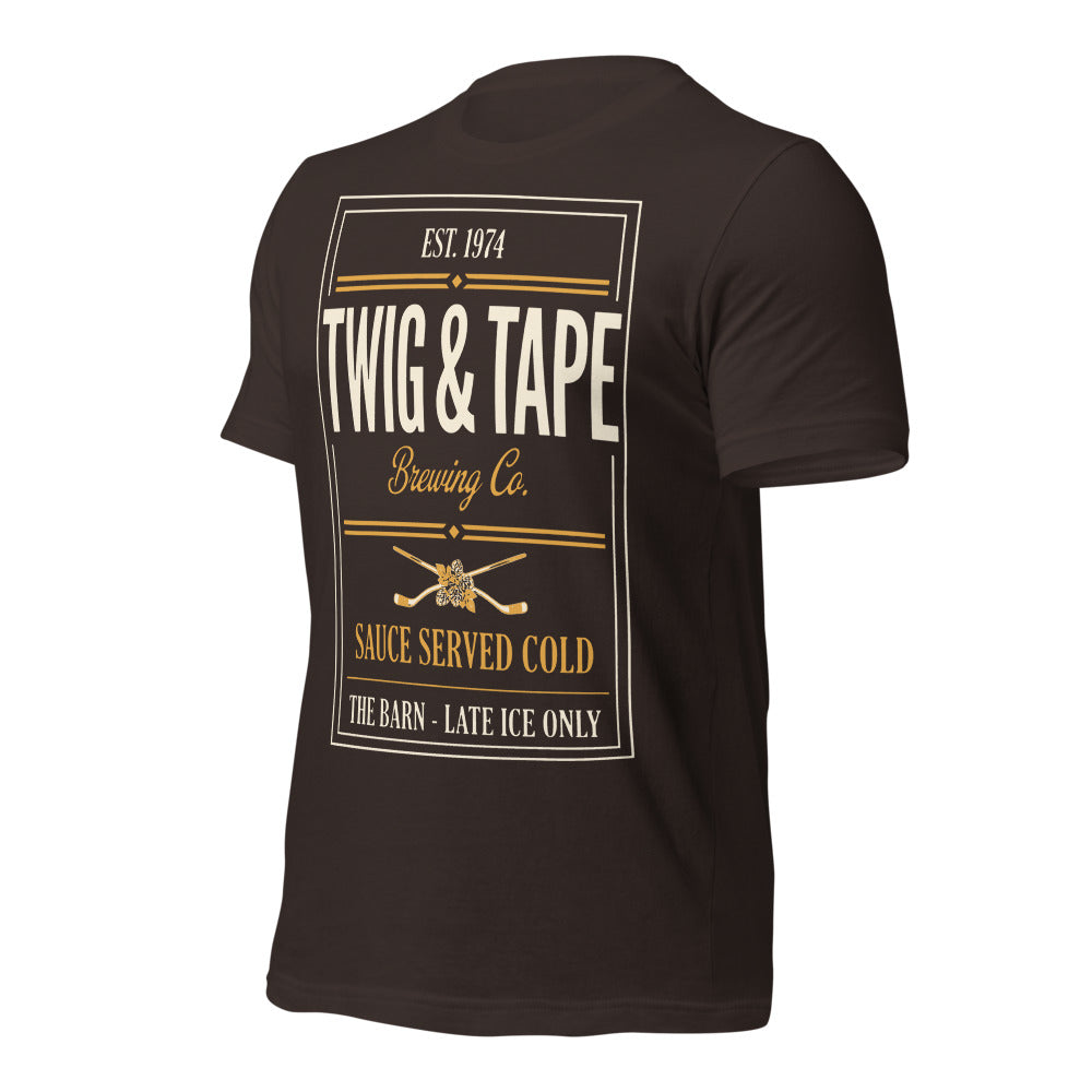 Twig and Tape Brewing Co. beer league hockey t-shirt — Brown, front-right
