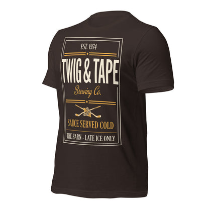 Twig and Tape Brewing Co. beer league hockey t-shirt — Brown, front-right