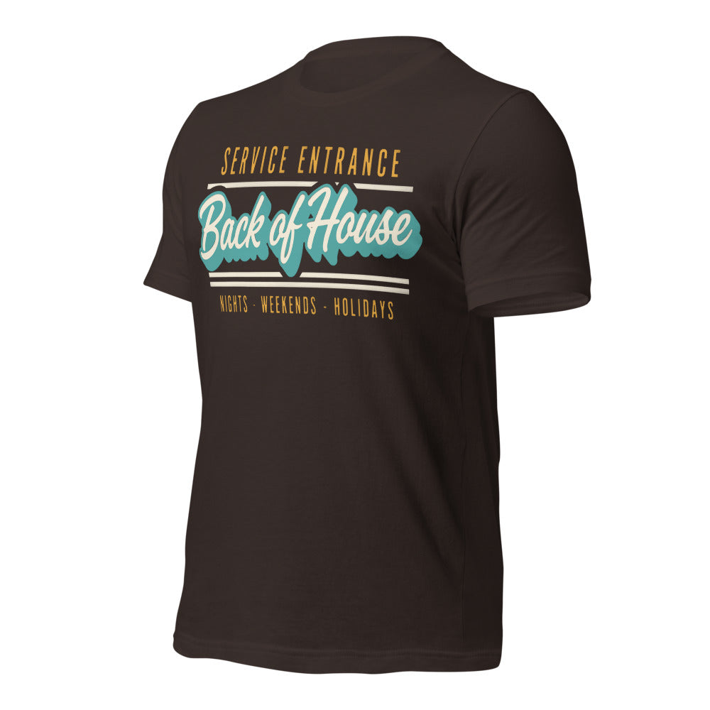 Line Cook Back of House retro diner service sign t-shirt — Brown, front-right