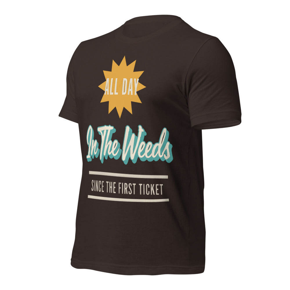 In The Weeds line cook retro diner service sign t-shirt — Brown, front-right
