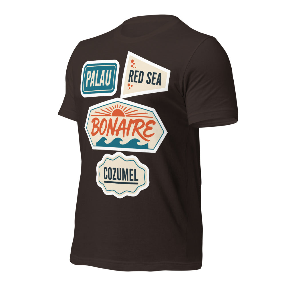 Vintage scuba diving dive sites travel decal t-shirt — Brown, front-right