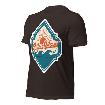 Surface Interval vintage scuba diving travel decal t-shirt — Brown, front-right