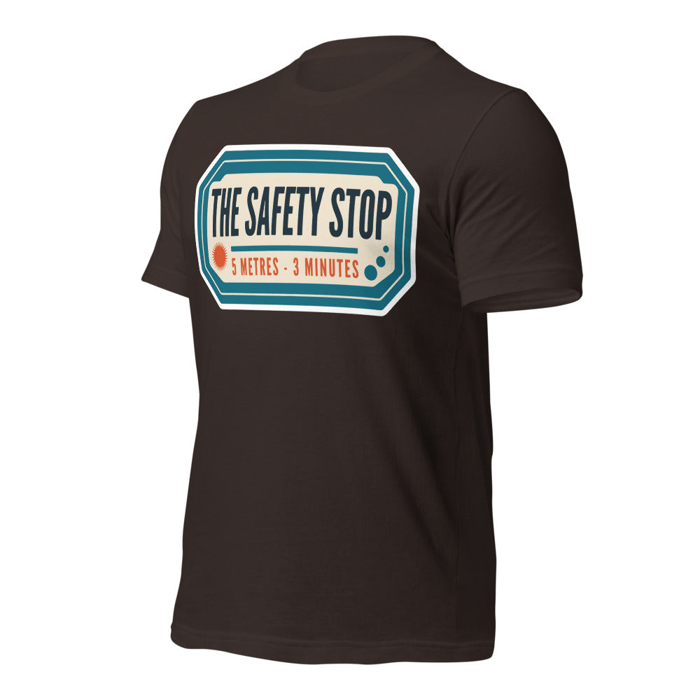The Safety Stop vintage scuba diving travel decal t-shirt — Brown, front-right