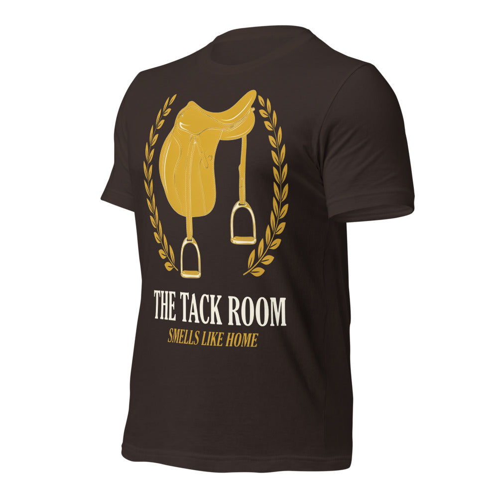 The Tack Room engraved equestrian saddle crest t-shirt — Brown, front-right