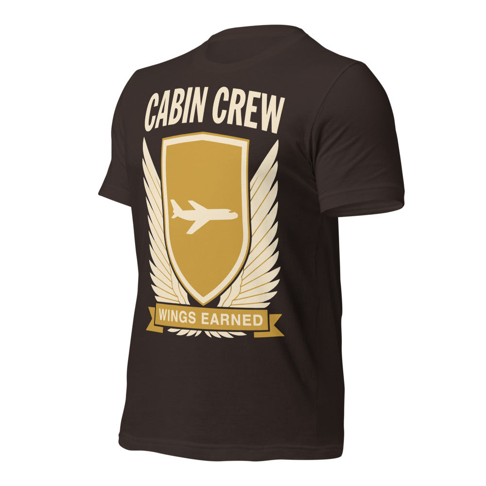 Wings Earned flight attendant tee — Brown, front-right