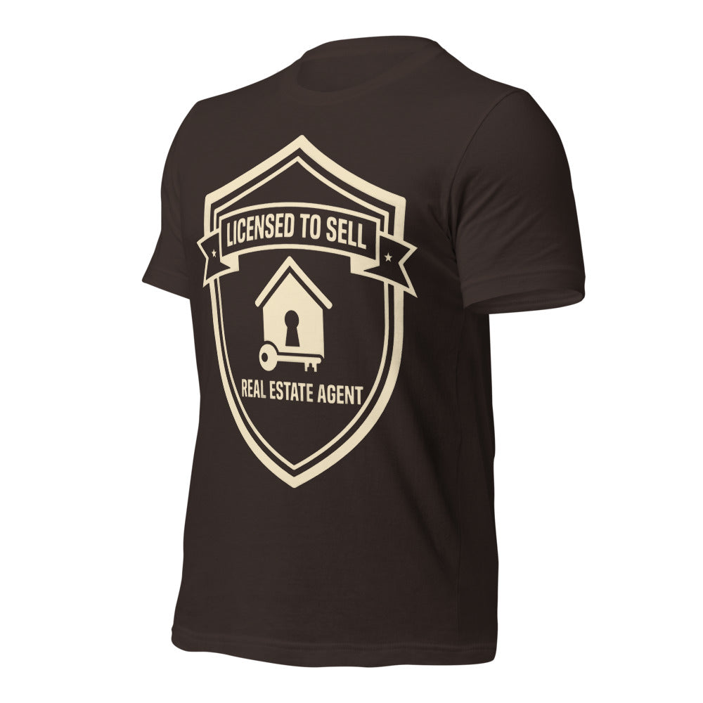 Licensed to Sell real estate agent tee — Brown, front-right