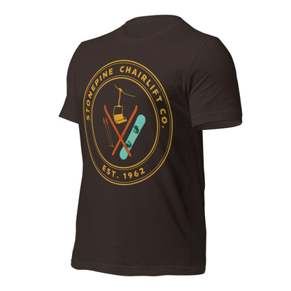 Stonepine Chairlift Co. retro vintage ski club badge t-shirt — Brown, front-right