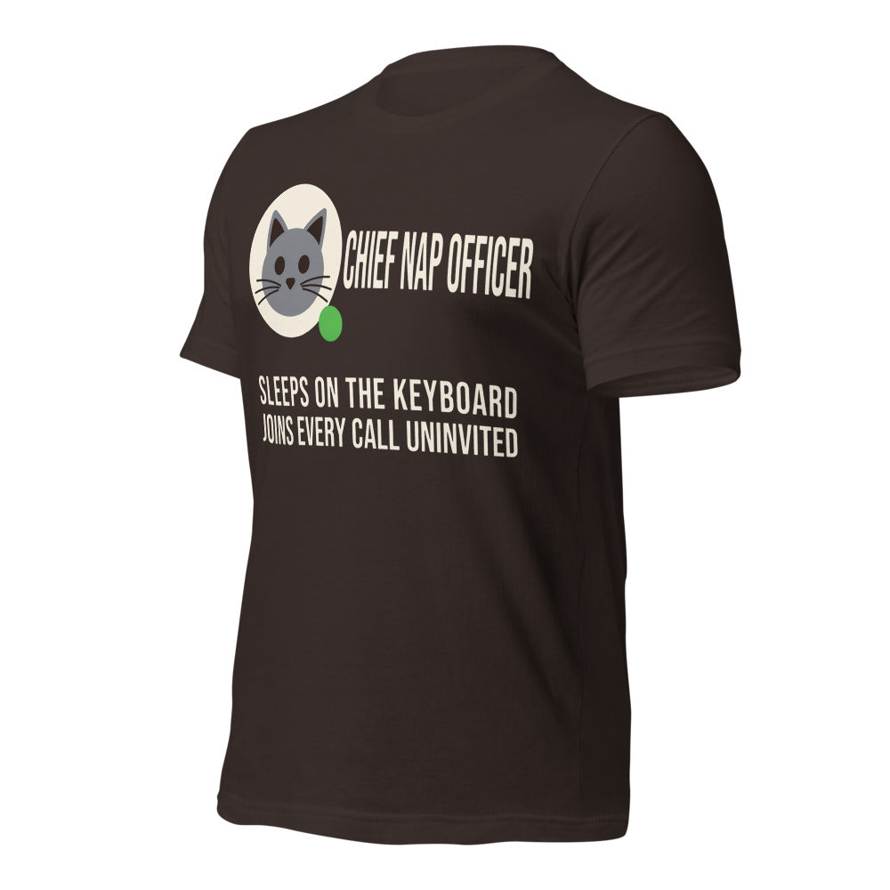Chief Nap Officer cat profile card unisex t-shirt — Brown, front-right