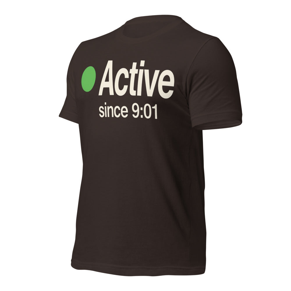 Active Since 9:01 presence status unisex t-shirt — Brown, front-right