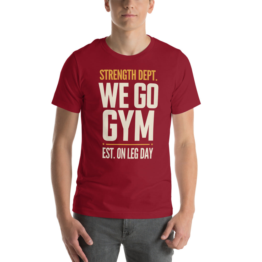 We Go Gym vintage athletic gym tee — Cardinal, model
