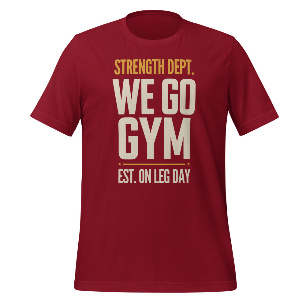 We Go Gym vintage athletic gym tee — Cardinal, front