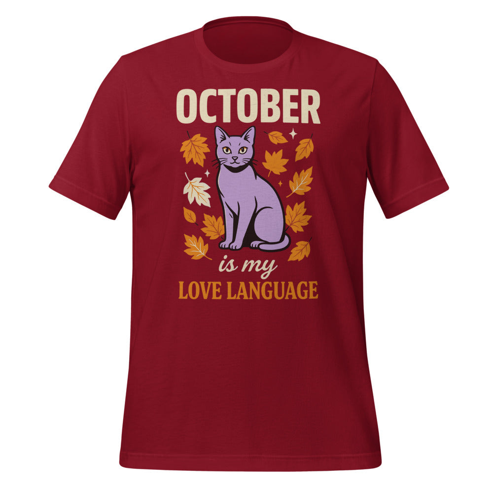 October Is My Love Language retro Halloween black cat tee — Cardinal, front