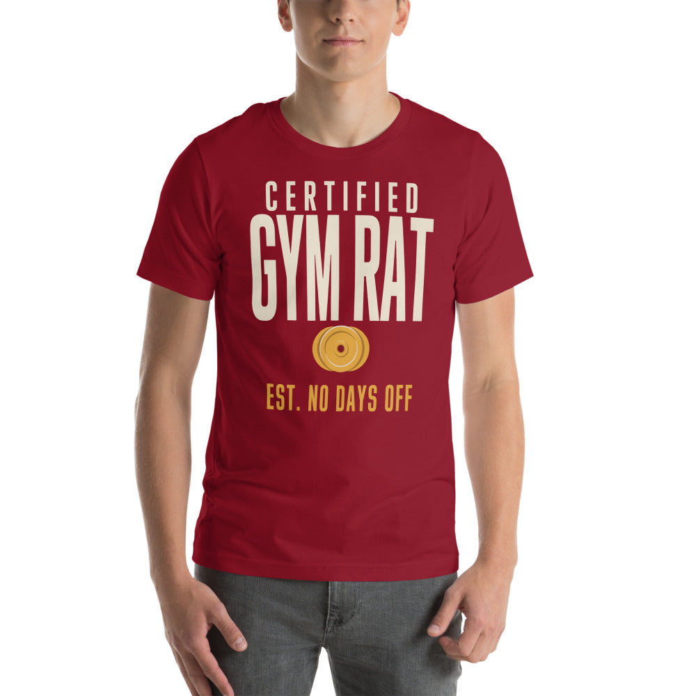 Certified Gym Rat vintage athletic tee — Cardinal, on model
