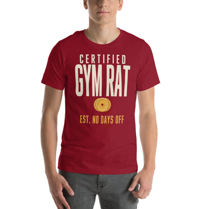 Certified Gym Rat vintage athletic tee — Cardinal, on model
