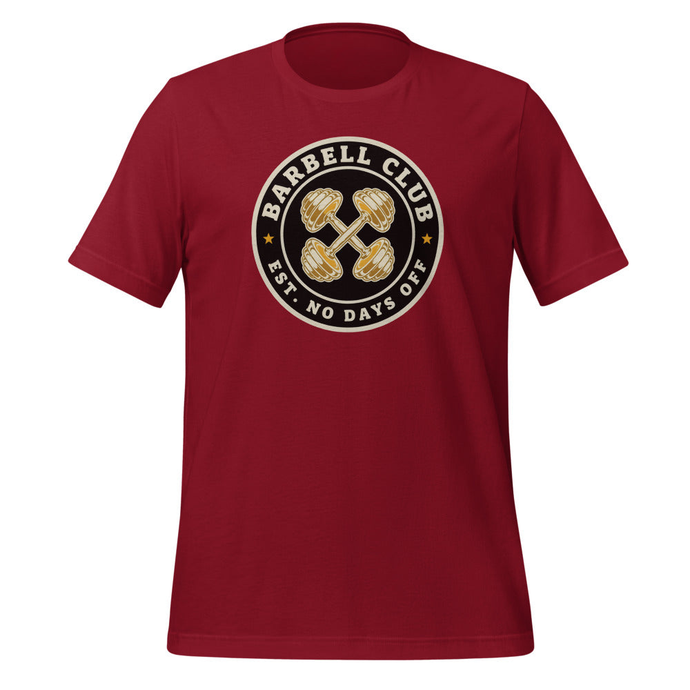 Barbell Club No Days Off vintage gym tee — Cardinal, front