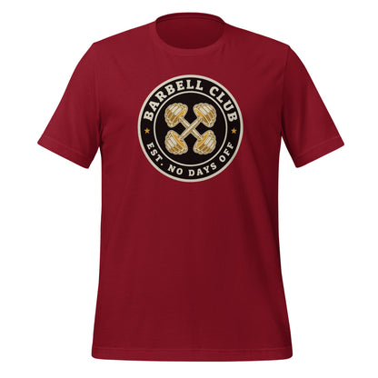 Barbell Club No Days Off vintage gym tee — Cardinal, front