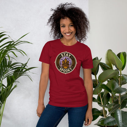 Stay Spooky retro Halloween vintage badge tee — Cardinal, on model