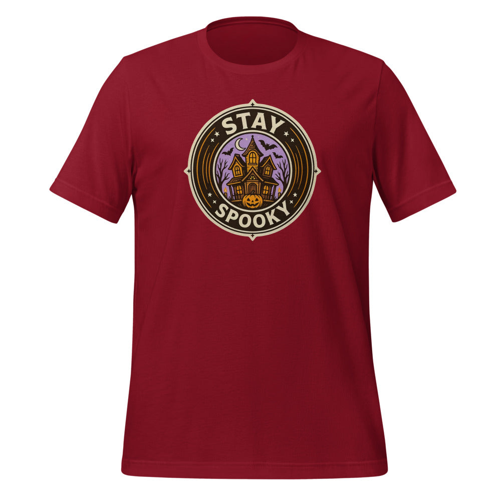 Stay Spooky retro Halloween vintage badge tee — Cardinal, front