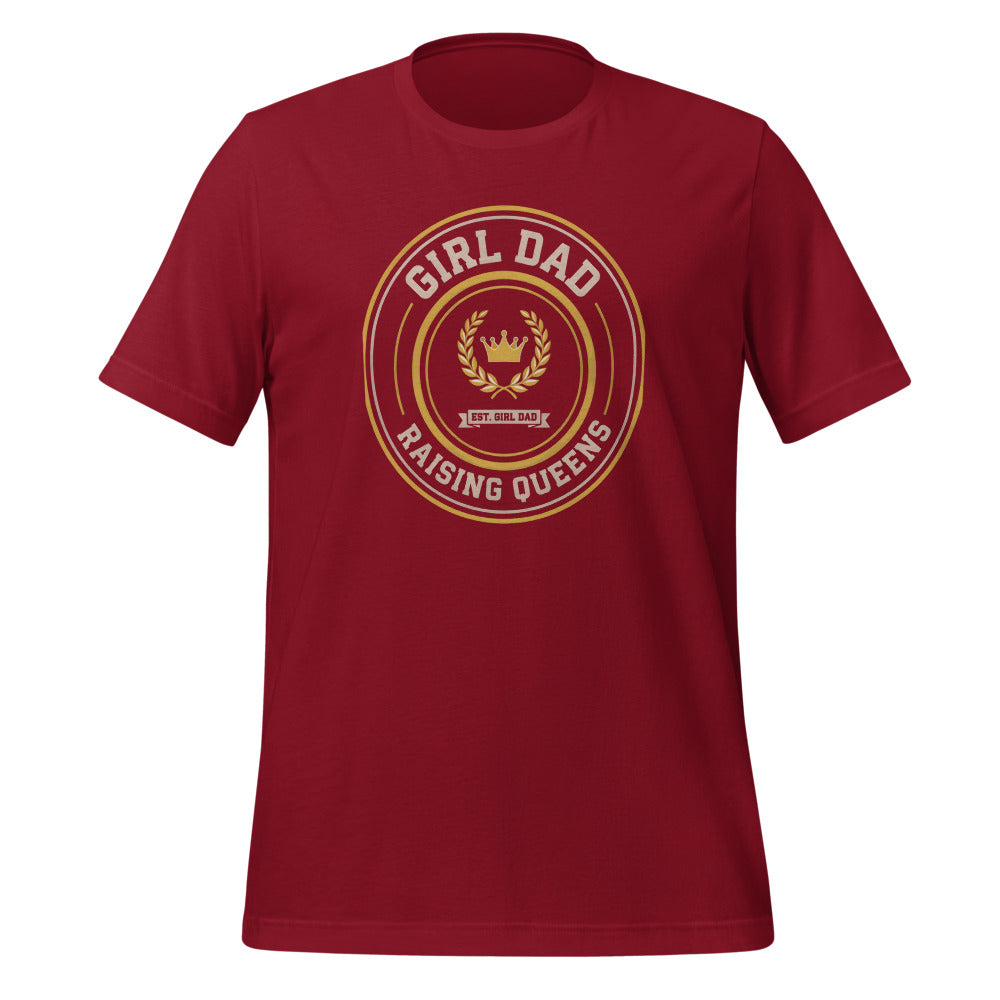 Girl Dad Raising Queens crest tee — Cardinal, front
