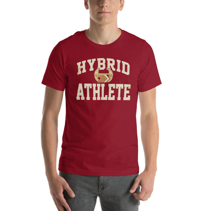 Hybrid Athlete vintage varsity tee — Cardinal, on model