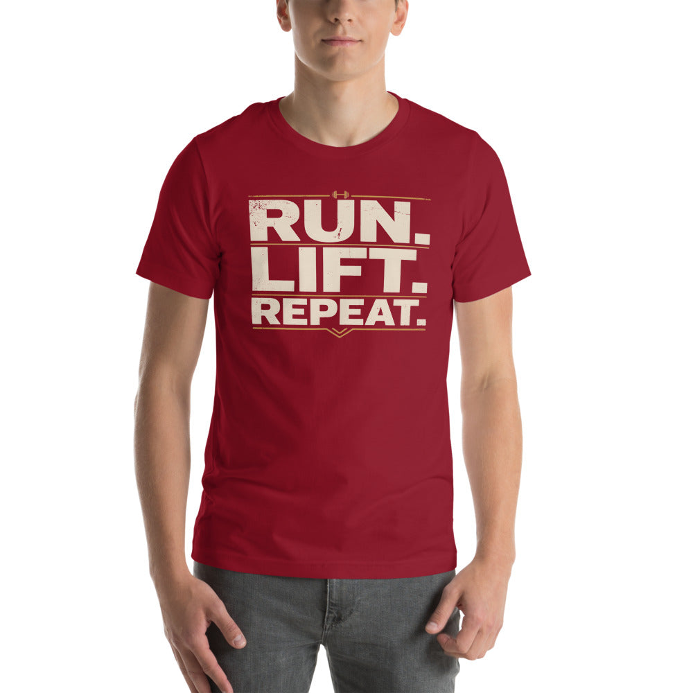 Run Lift Repeat vintage athletic tee — Cardinal, on model