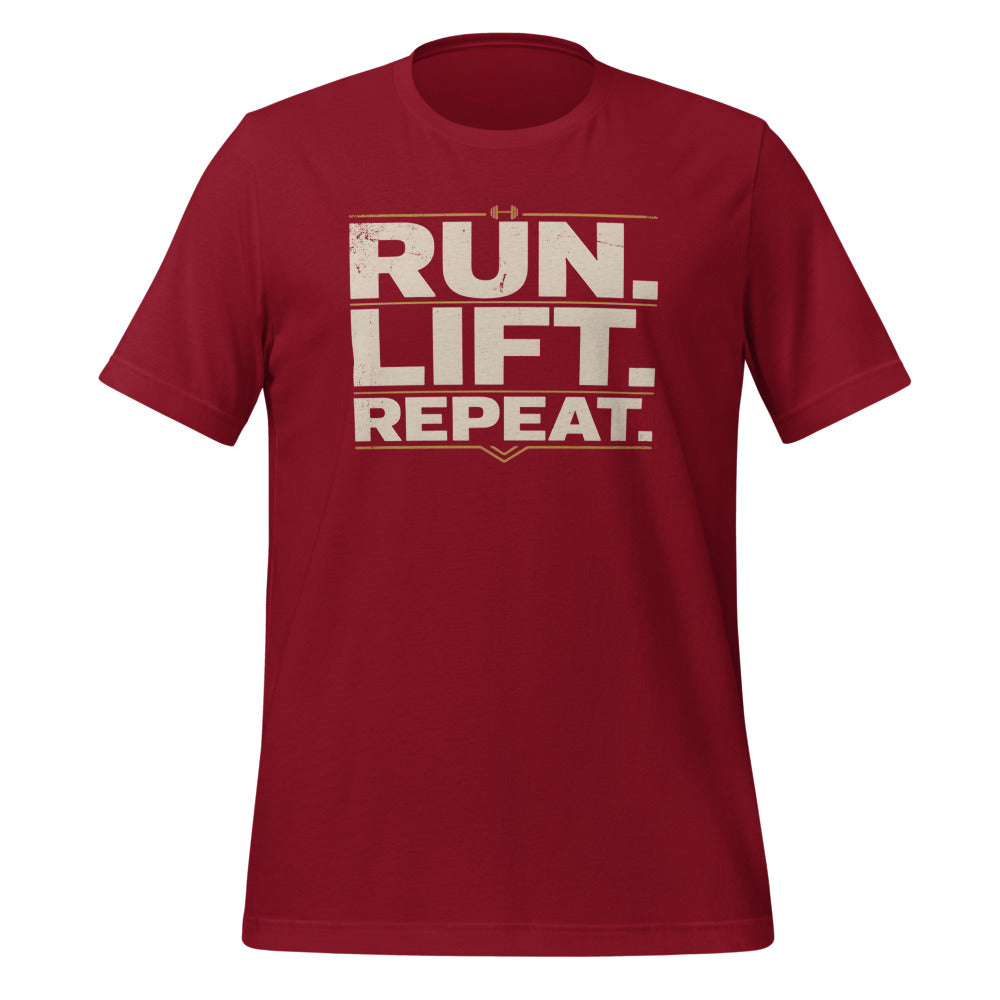 Run Lift Repeat vintage athletic tee — Cardinal, front