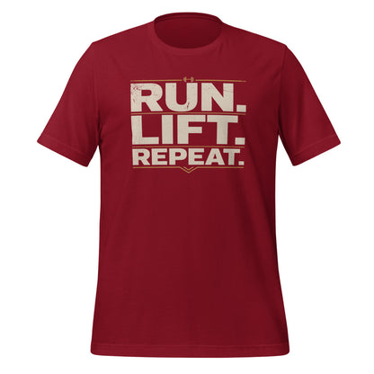 Run Lift Repeat vintage athletic tee — Cardinal, front