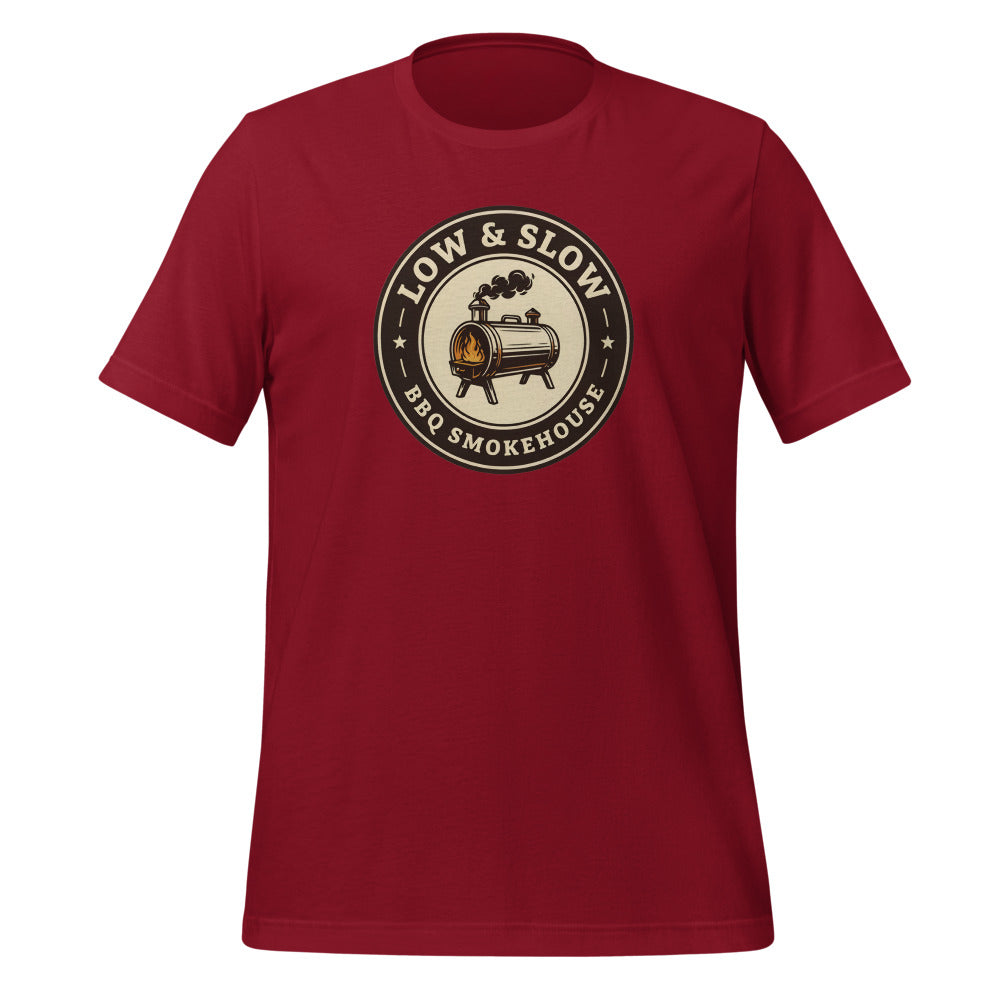 Low & Slow BBQ smoker tee — Cardinal, front