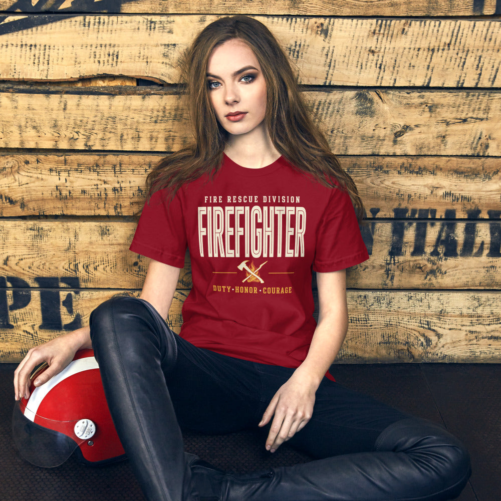 Firefighter collegiate wordmark retro fire-rescue tee — Cardinal, on model
