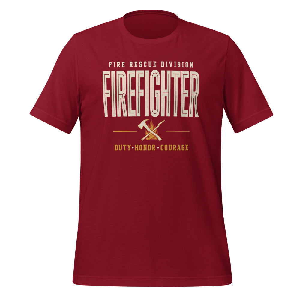 Firefighter collegiate wordmark retro fire-rescue tee — Cardinal, front