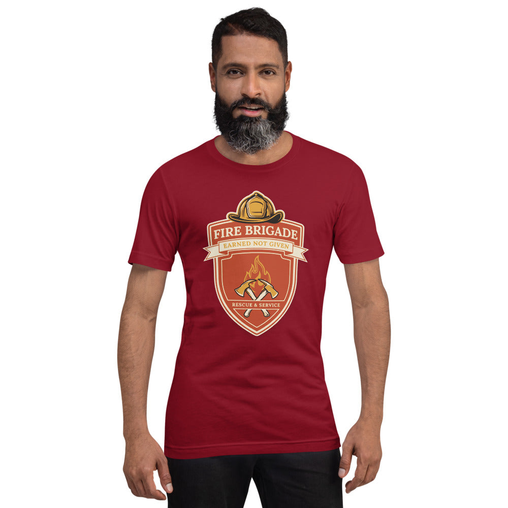 Fire Brigade Earned Not Given retro firefighter shield emblem tee — Cardinal, on model