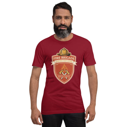 Fire Brigade Earned Not Given retro firefighter shield emblem tee — Cardinal, on model