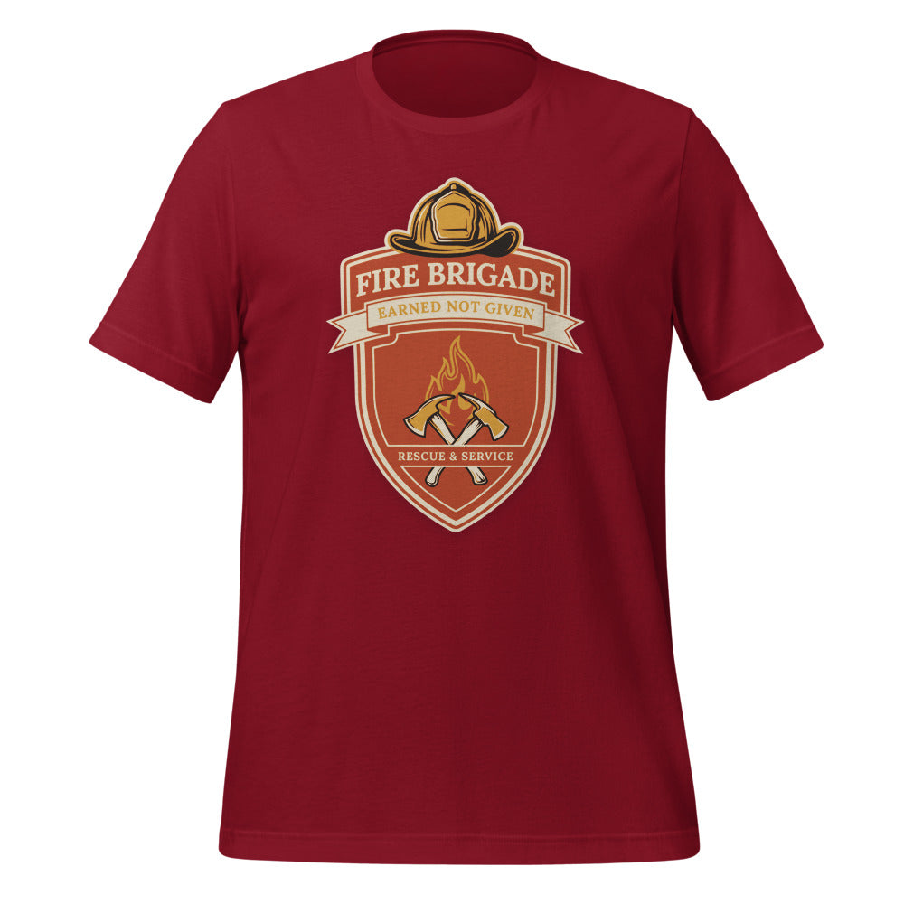 Fire Brigade Earned Not Given retro firefighter shield emblem tee — Cardinal, front