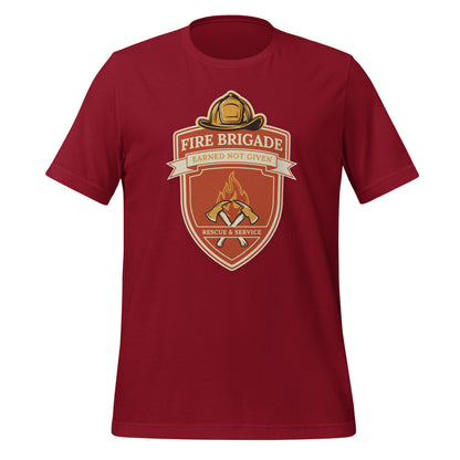 Fire Brigade Earned Not Given retro firefighter shield emblem tee — Cardinal, front