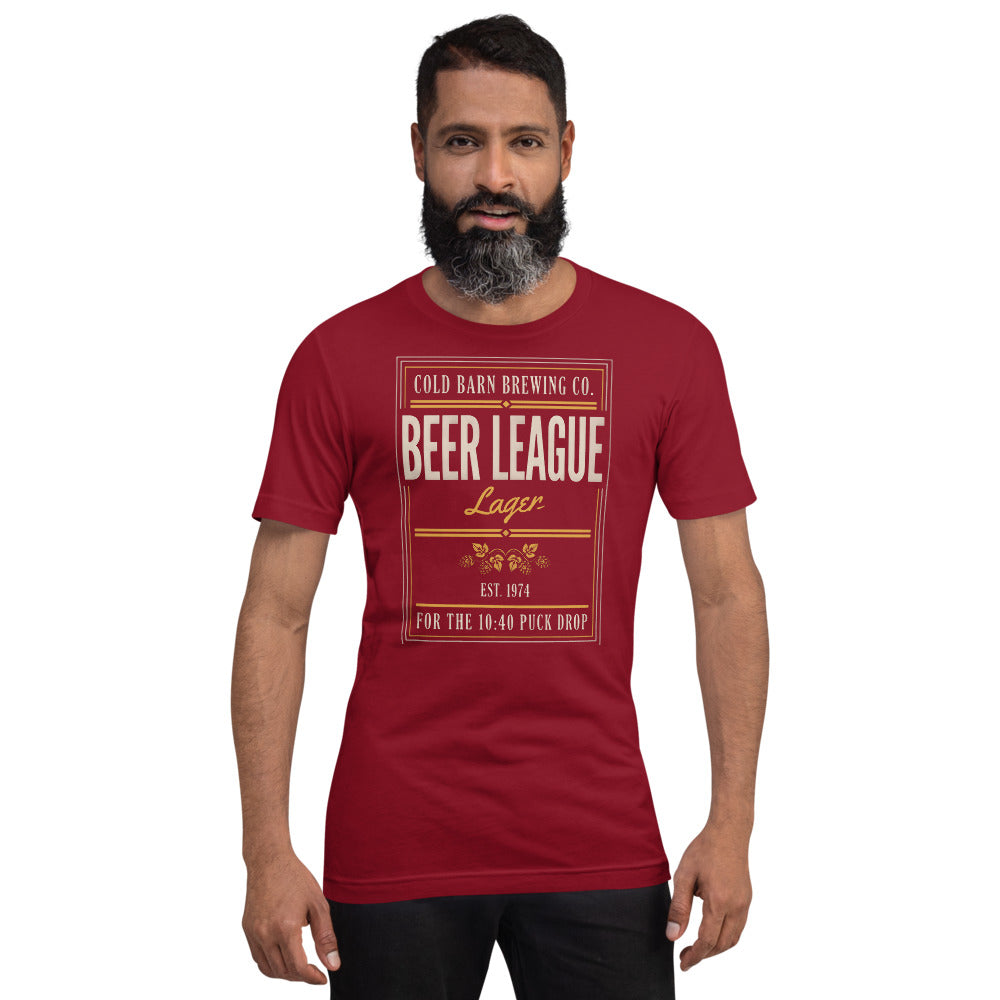 Beer League Cold Barn Brewing lager t-shirt — Cardinal, on model