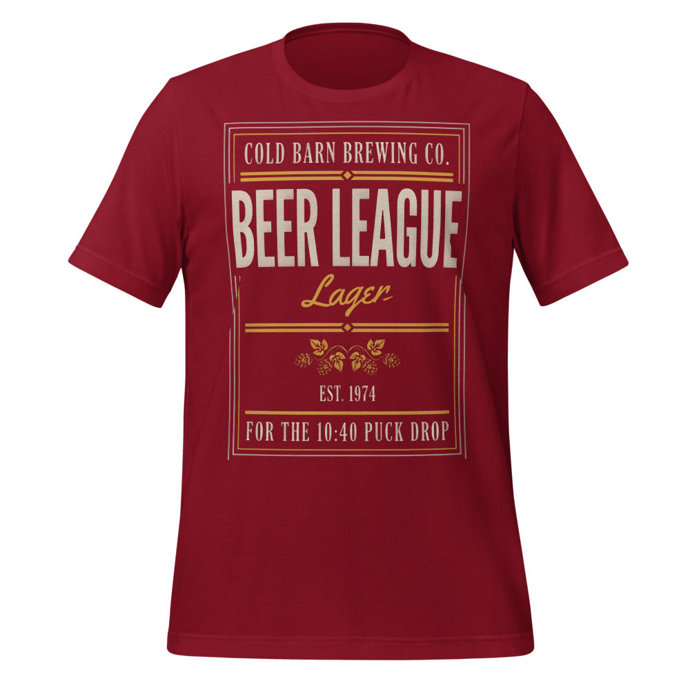 Beer League Cold Barn Brewing lager t-shirt — Cardinal, front