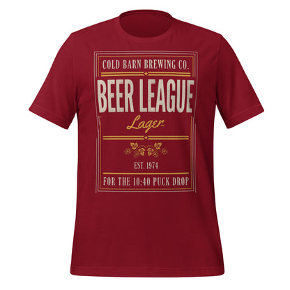 Beer League Cold Barn Brewing lager t-shirt — Cardinal, front