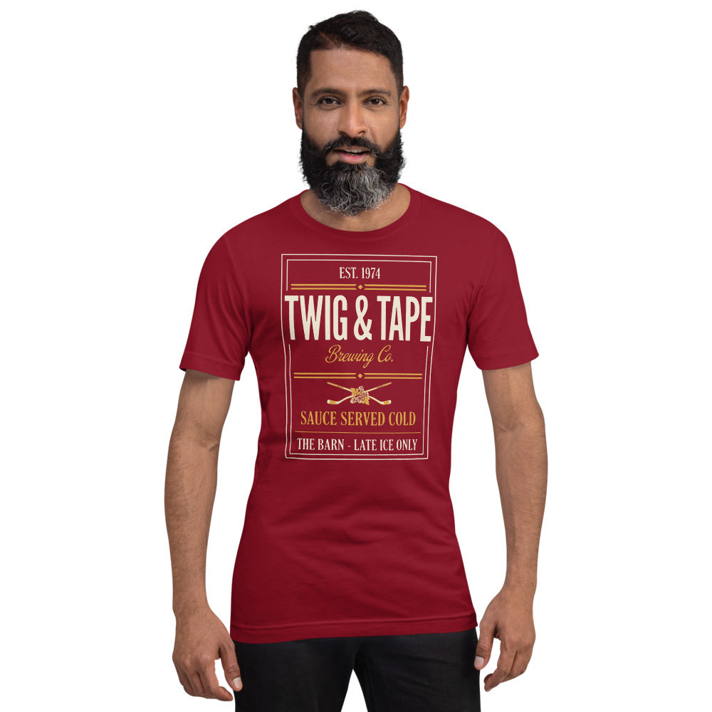 Twig and Tape Brewing Co. beer league hockey t-shirt — Cardinal, on model